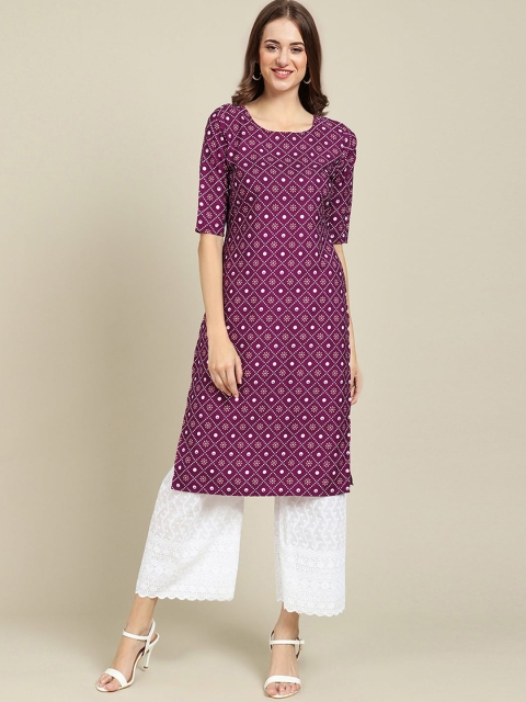 

Ethnic basket Women Pack Of 5 Ethnic Motifs Printed Block Print Crepe Kurta, Purple