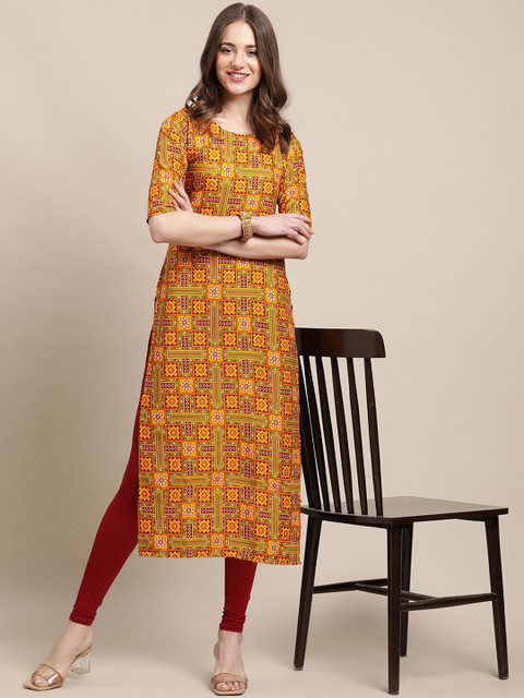 

Ethnic basket Women Pack Of 5 Geometric Block Print Crepe Kurta, Yellow
