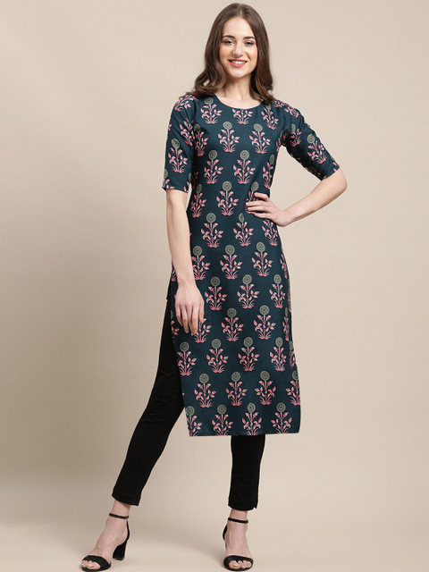 

Ethnic basket Women Multicoloured Floral Printed Block Print Crepe Kurta, Multi