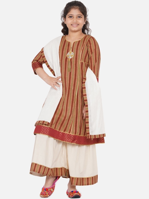 

Little Bansi Girls Brown Printed Pure Cotton Kurta with Palazzo & Dupatta