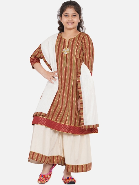 

Little Bansi Girls Brown Printed Pure Cotton Kurta with Palazzo & Dupatta