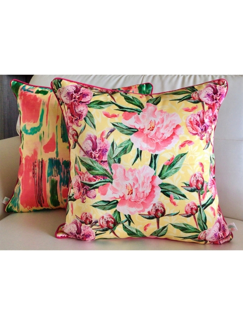 

TARA- Sparkling Homes Yellow & Pink Set of 2 Floral Square Cushion Covers