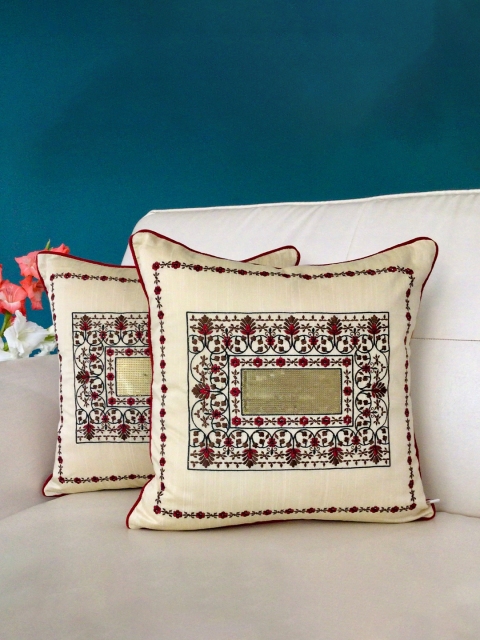 

TARA- Sparkling Homes Set of 2 Ethnic Motifs Square Cushion Covers, Cream