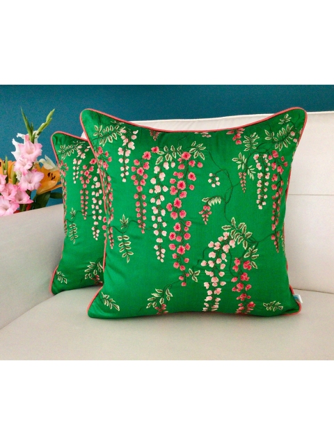 

TARA- Sparkling Homes Set of 2 Floral Embroidered Square Cushion Covers, Green
