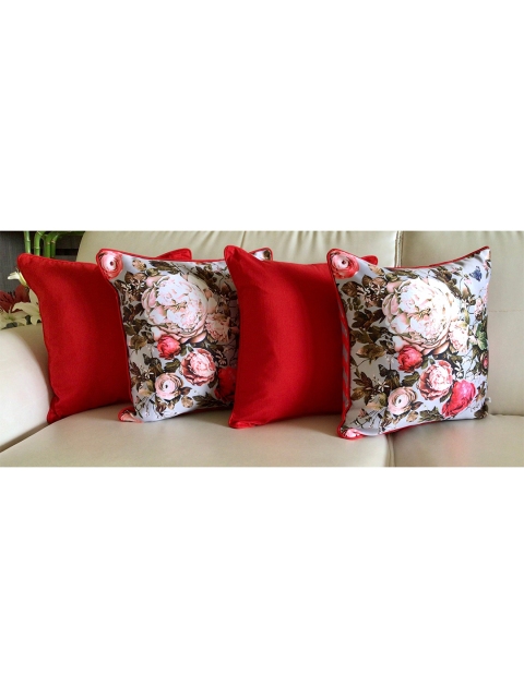 

TARA- Sparkling Homes Grey & Red Set of 4 Floral Square Cushion Covers