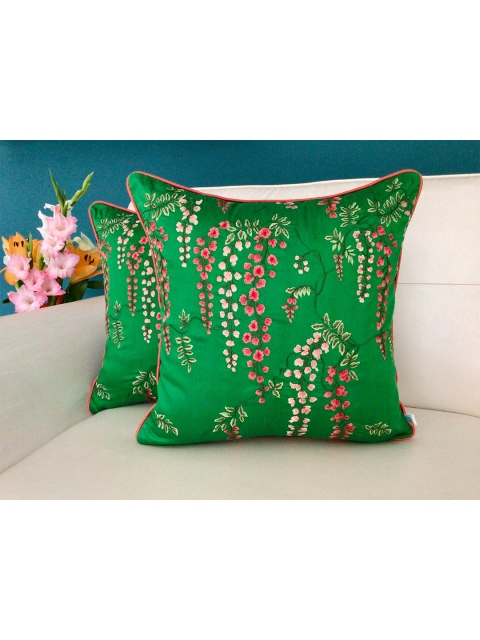 

TARA- Sparkling Homes Set of 2 Floral Square Cushion Covers, Green