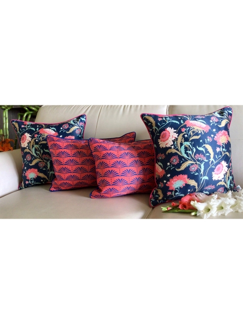 

TARA- Sparkling Homes Set of 4 Floral Square Cushion Covers, Blue