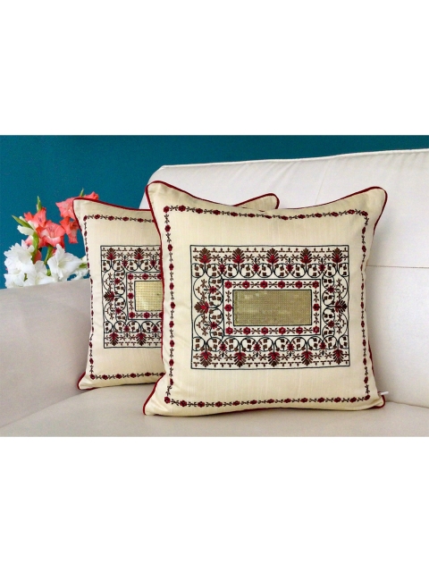 

TARA- Sparkling Homes Set of 2 Ethnic Motifs Square Cushion Covers, Cream