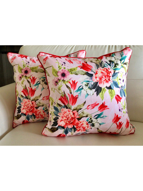 

TARA- Sparkling Homes Set of 2 Floral Square Cushion Covers, Pink