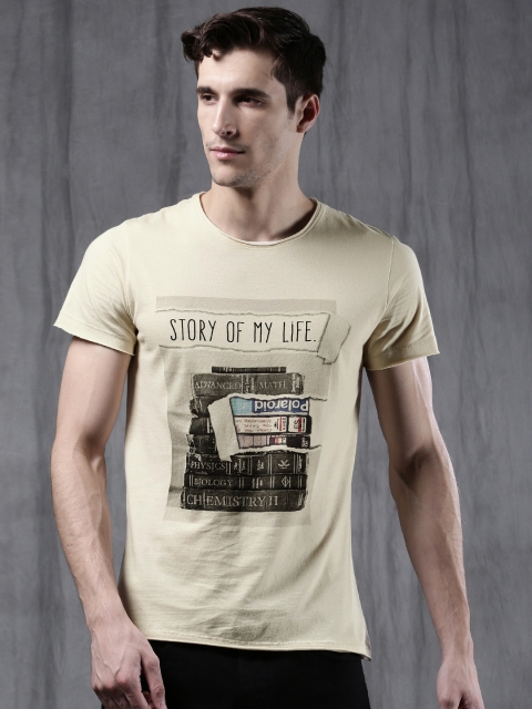 

WROGN Men Beige Printed Round Neck T-shirt