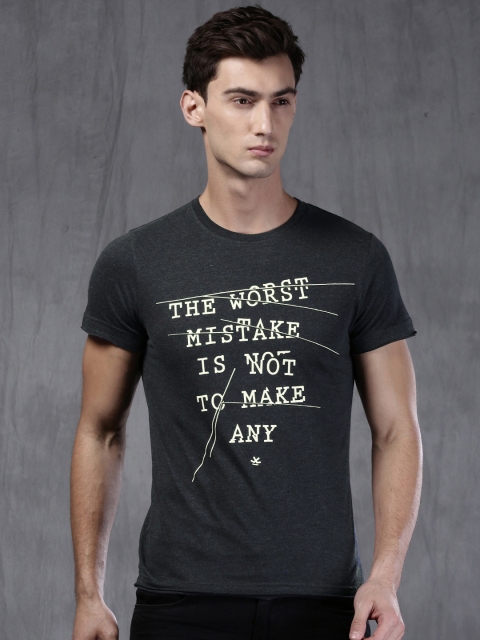 

WROGN Men Charcoal Grey Printed Round Neck T-shirt