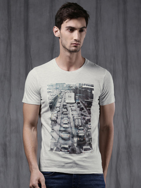 

WROGN Men Grey Printed Round Neck T-shirt