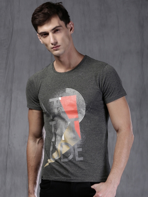 

WROGN Men Grey Melange Printed Round Neck T-shirt