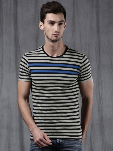 

WROGN Men Grey & Black Striped Round Neck T-shirt
