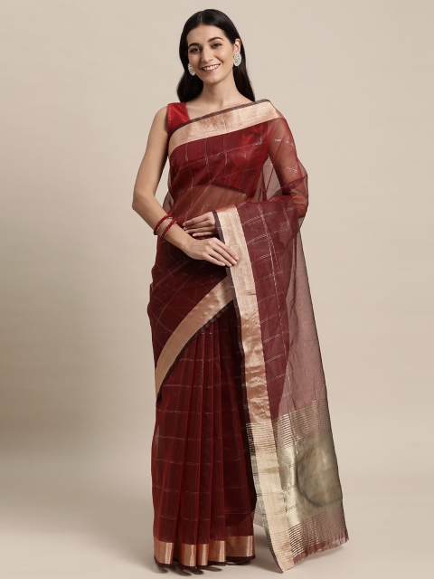 

TORONFRAS Maroon & Gold-Toned Checked Zari Organza Banarasi Saree