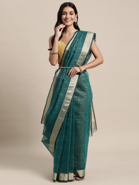 

TORONFRAS Teal Green And Gold Toned Checked Zari Organza Banarasi Saree