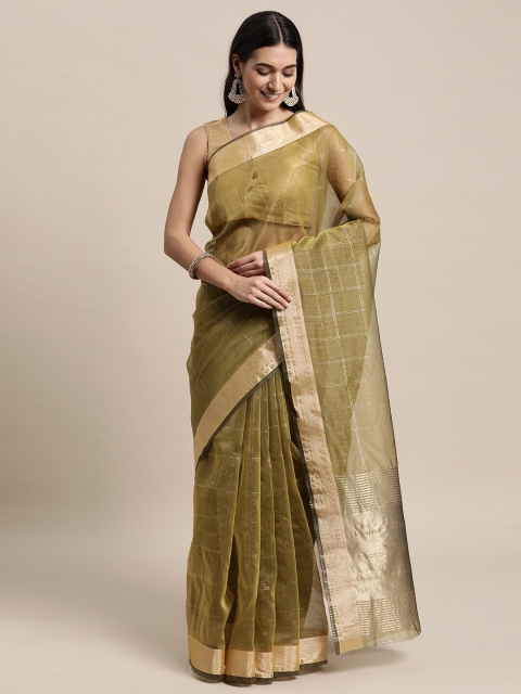 

TORONFRAS Olive Green & Gold-Toned Checked Zari Organza Banarasi Saree