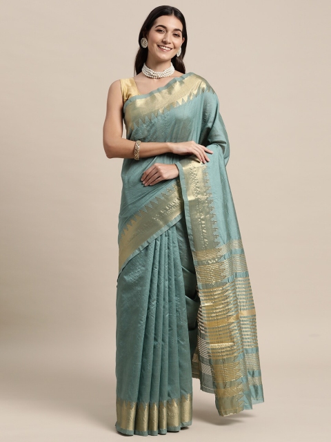 

TORONFRAS Teal & Gold-Toned Checked Zari Silk Cotton Banarasi Saree