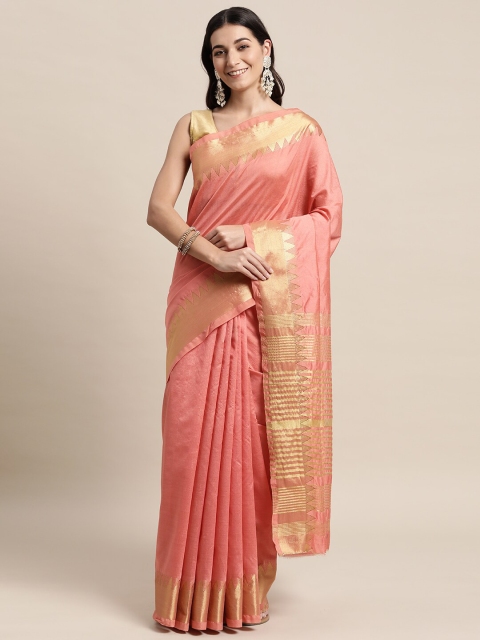 

TORONFRAS Peach-Coloured & Gold-Toned Woven Design Zari Silk Cotton Banarasi Saree