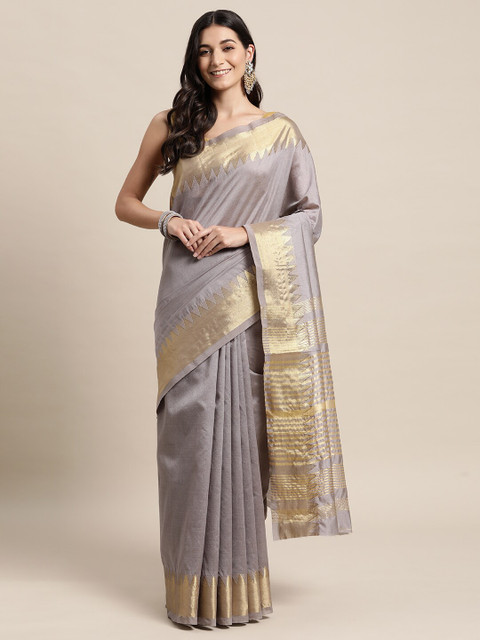 

TORONFRAS Grey & Gold-Toned Zari Silk Cotton Banarasi Saree