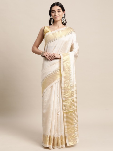 

TORONFRAS Beige & Gold-Toned Woven Design Zari Silk Cotton Banarasi Saree