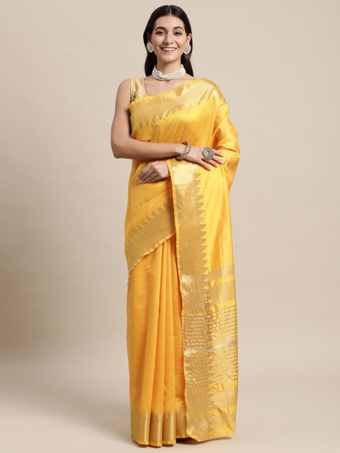 

TORONFRAS Yellow & Gold-Toned Woven Design Zari Silk Cotton Banarasi Saree