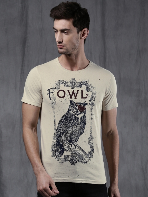 

WROGN Men Beige Printed Round Neck T-shirt