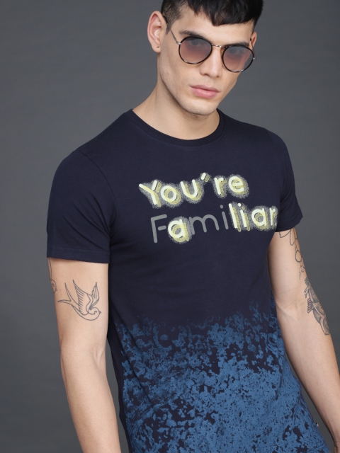 

WROGN Men Navy Printed Round Neck T-shirt, Navy blue