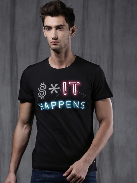 

WROGN Men Black Printed Round Neck T-shirt