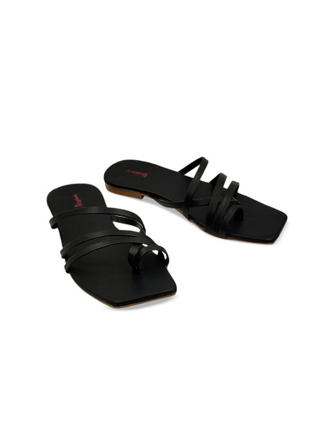 

Sayera Women Black Striped Open Toe Flats with Bows