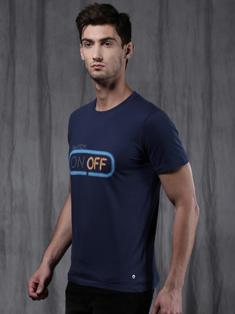

WROGN Men Navy Blue Printed Round Neck T-shirt