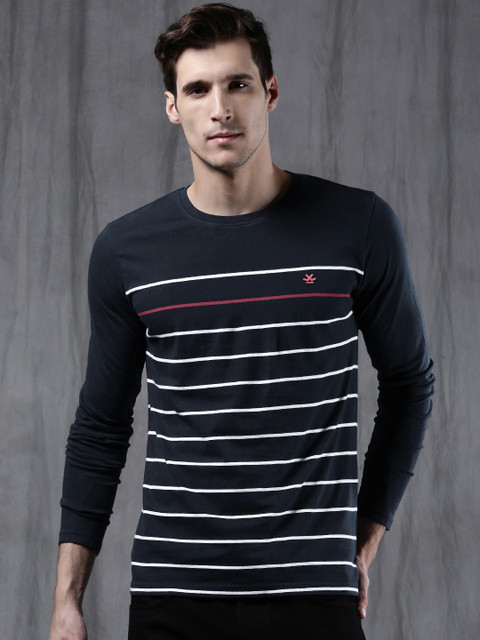 

WROGN Men Navy Blue & White Striped Round Neck T-shirt
