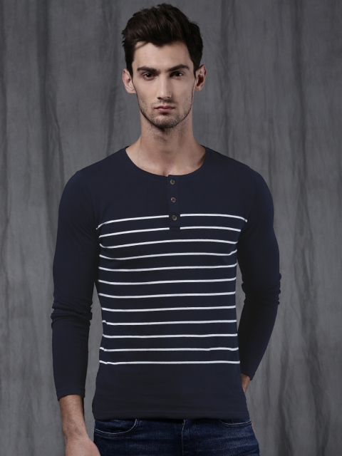 

WROGN Men Navy Striped Henley Neck T-shirt, Navy blue