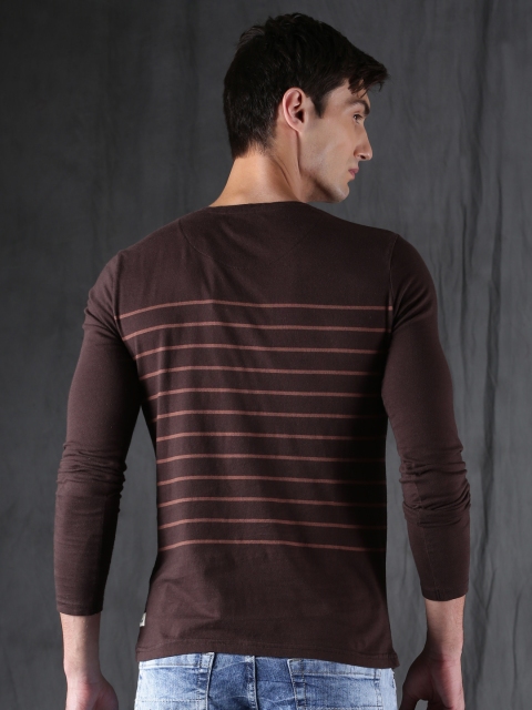 

WROGN Men Coffee Brown Striped Henley Neck T-shirt