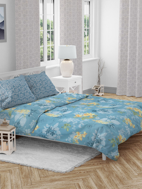 

HomeTown Blue Printed Cotton Double Queen Bedding Set