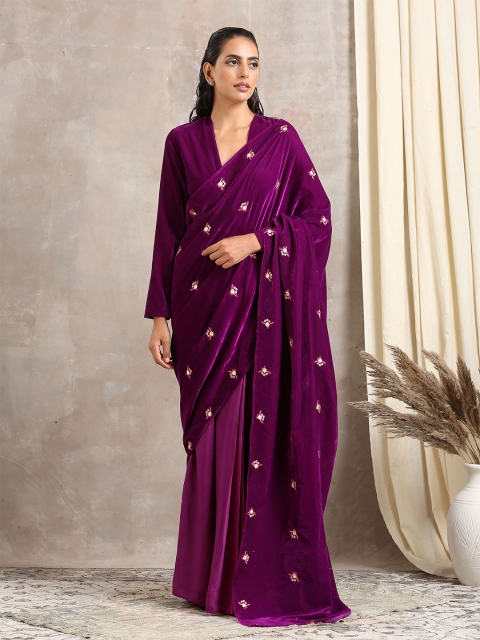 

trueBrowns Violet Floral Embroidered Ready Pleated Velvet Saree