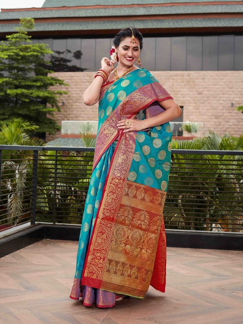 

Mitera Blue & Red Ethnic Motifs Zari Silk Blend Kanjeevaram Saree