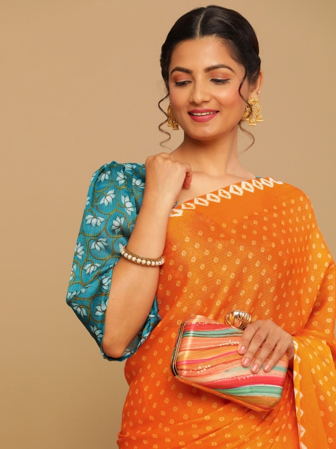 

Satrani Orange & Blue Bandhani Printed Saree