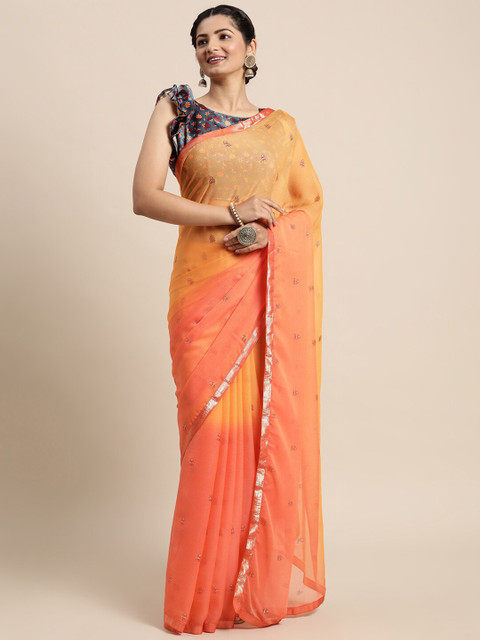 

Satrani Peach And Orange Ethnic Motifs Print Poly Chiffon Saree