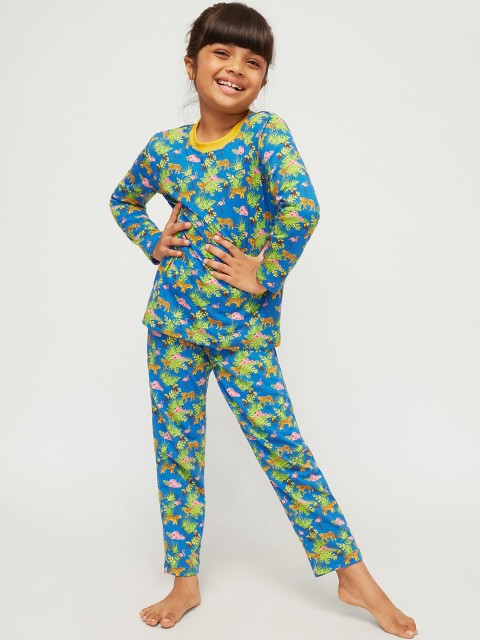 

frangipani Girls Blue & Green Printed Pure Cotton Night suit