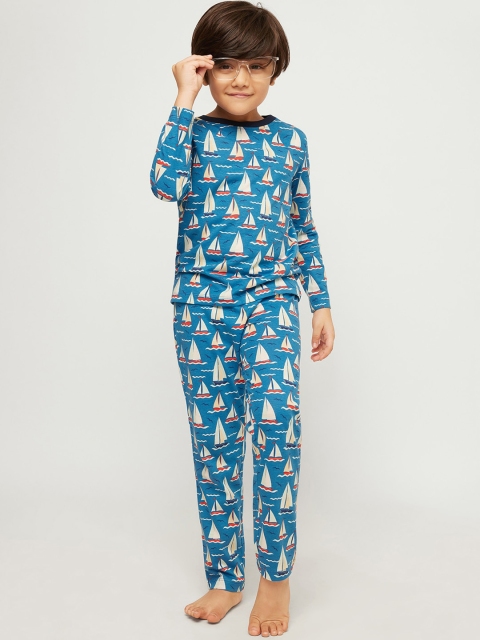 

frangipani Kids Boys Blue And Off White Boat Printed Pure Cotton Night Suit