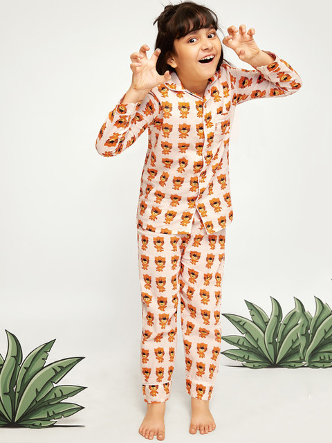 

frangipani Girls Orange & Black Printed Night suit