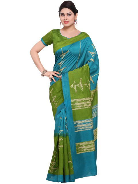 

Saree mall Blue & Green Art Silk Printed Bhagalpuri Saree