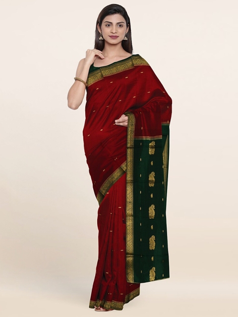 

Pothys Maroon & Green Ethnic Motifs Zari Pure Silk Saree
