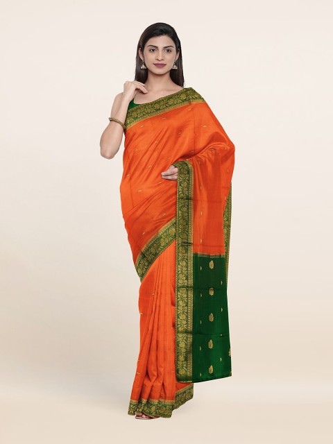 

Pothys Orange & Green Ethnic Motifs Zari Pure Silk Saree