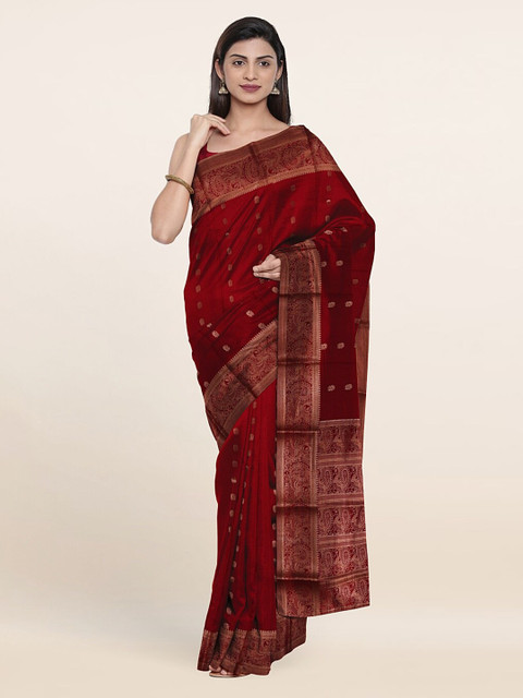 

Pothys Maroon & Gold-Toned Floral Zari Pure Silk Saree