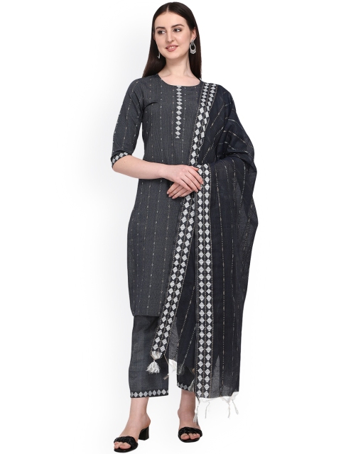 

Prettify Women Charcoal Woven Design Straight Kurta with Trousers & With Dupatta