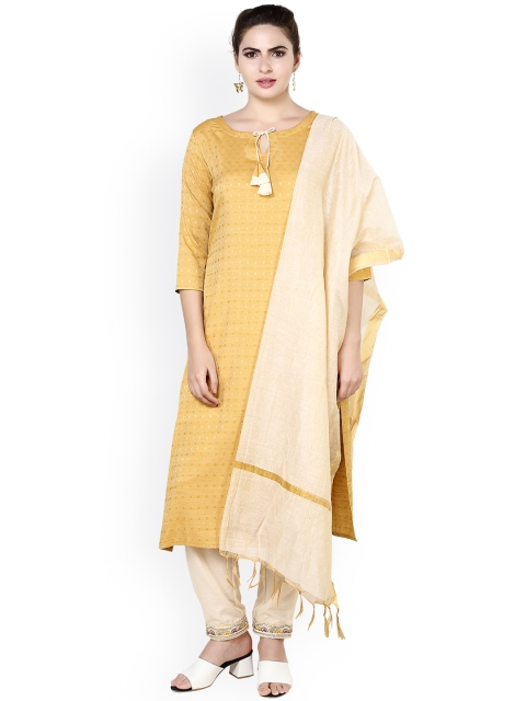 

Prettify Women Jacquard Kurta with Trousers & With Dupatta, Gold