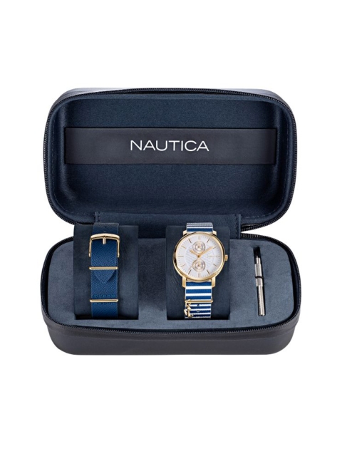 

Nautica Men White Brass Dial & Blue Leather Bracelet Style Analogue Watch NAPCMS904-White