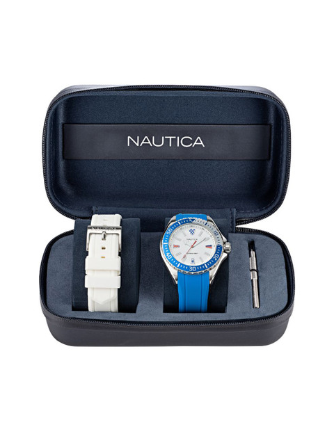 

Nautica Men White Brass Printed Dial & Blue Straps Analogue Watch